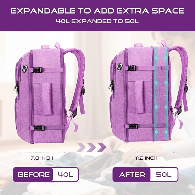 Travel Backpack for Women, Expandable Carry on Backpack, TSA 17.3 inch Laptop Bag Flight Approved, Lightweight Waterproof Business Luggage Bag, Travel Gifts for Women, Purple