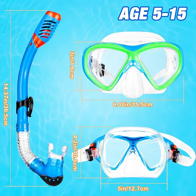 Kids Snorkel Set Dry Top Snorkeling Gear for Kids Boys Girls Youth Junior Age 5-15, Anti-Fog Anti-Leak Snorkel Mask Scuba Diving Mask Swimming Goggles with Nose Cover