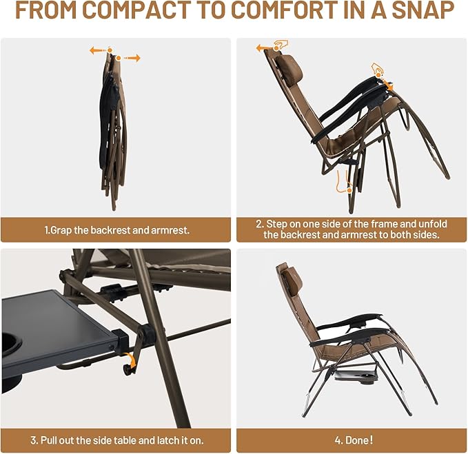 TIMBER RIDGE Oversized Zero Gravity Chair, 33In Wide XXL Zero Gravity Reclining Chair with Side Table, Full Padded Lounge Chair for Outdoor Camping Patio Lawn, Heavy Duty Supports 500lbs, Brown-2 Pack
