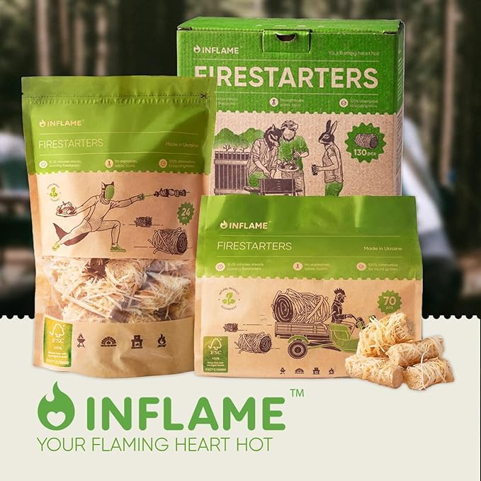 Inflame Fire Starters for Campfires, Grill, BBQ, Fireplace, Woodstove - Charcoal Starter - Waterproof, Weather-Resistant - Natural Wood Fireplace Starters - 24 pcs