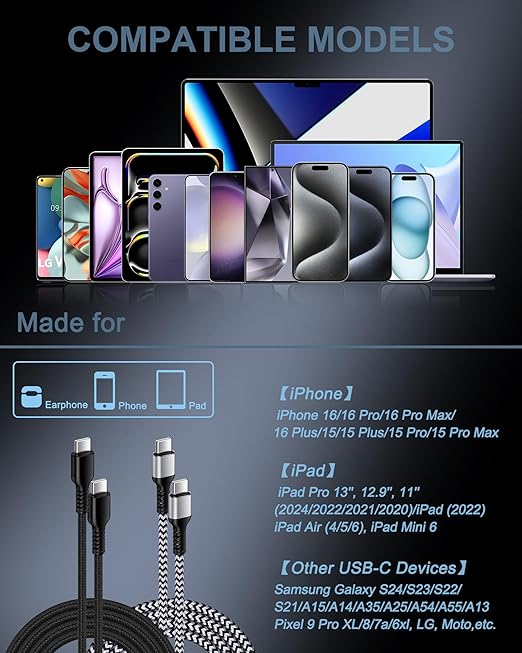 2pack-10ft USB Type C to USB-C Charger Cable for iPhone 17e 17 Pro Max, 17Pro, 17 Air, 16 16e 15, Apple Usbc Fast Charging Cord for Samsung Galaxy, Google Pixel 10 9a 9 Pro XL 8 Pro Android USB-C Wire