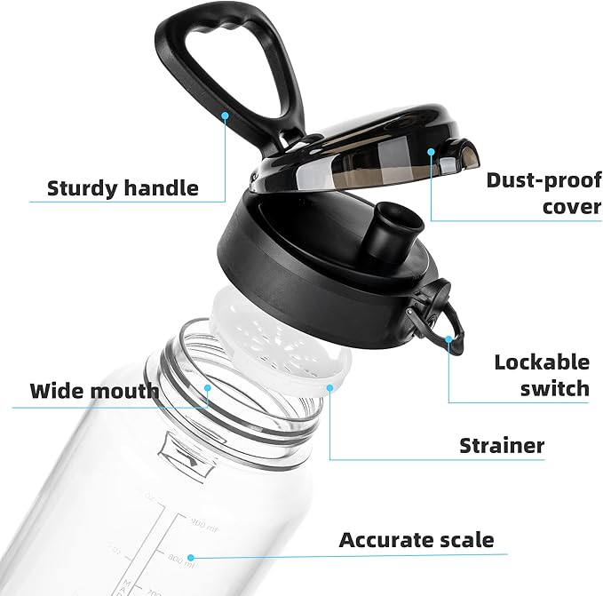 Fanhaw 32 Oz Clear Tritan Water Bottle with Chug Lid, BPA-free, Wide Mouth, Leak Proof - for Gym, Travel, Home, School, Office (Clear&Black)