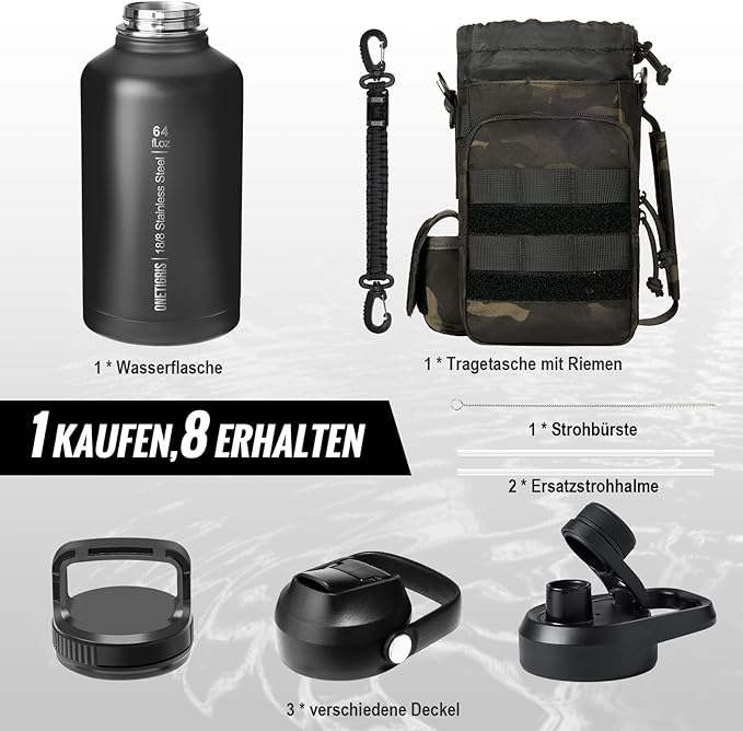 OneTigris Tactical Half Gallon Water Bottle with Straw - 64 oz Vacuum Insulated Stainless Steel Water Jug, Leakproof Sport Bottle with 3 BPA Free Lids, Paracord Handle & MOLLE Water Pouch for Outdoor