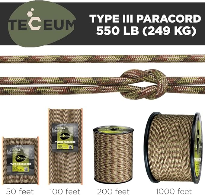TECEUM 5/32" Paracord Rope 1000 – 1000ft / 200ft / 100ft / 50ft – Tactical Parachute Cord 4mm – 45+ Colors – Nylon String for Survival & Camping Gear – Stripe Cord for Survival – Utility Rope