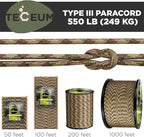 TECEUM 5/32" Paracord Rope 1000 – 1000ft / 200ft / 100ft / 50ft – Tactical Parachute Cord 4mm – 45+ Colors – Nylon String for Survival & Camping Gear – Stripe Cord for Survival – Utility Rope