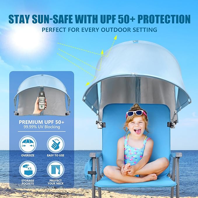 XL Universal Chair Canopy Umbrella, UPF 50+ Foldable Sun Shade Attachment with Adjustable Clamp, Fits Most Brands’ Beach, Camping, Lawn, Tanning, Zero Gravity, Lounge & Fishing Chairs