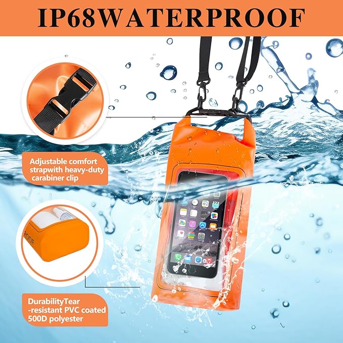 IP68 Waterproof Dry Bag, 2L - Roll Top Waterproof Pool Bag，Dry Bags for Kayaking Waterproof-w/Phone Pouch,Large Waterproof Phone Pouch,Boating & Kayak Accessories Camping (Orange 2L)