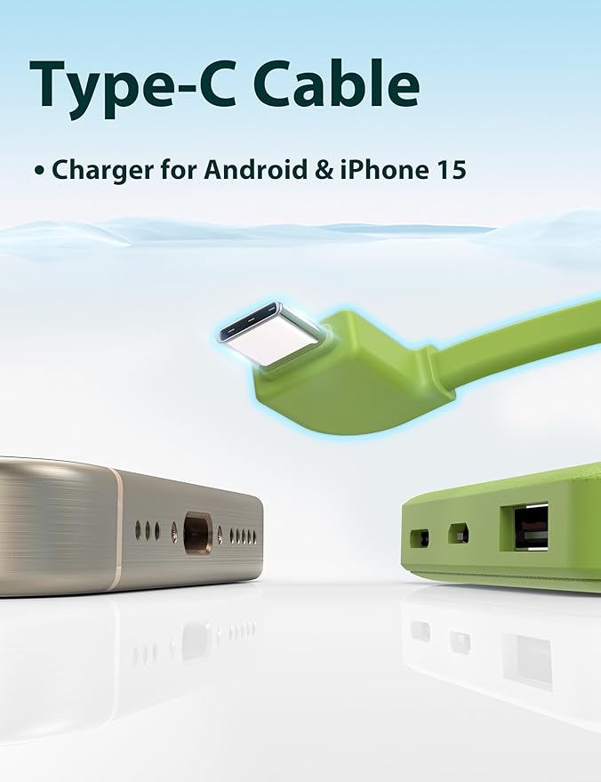 6000mah Ultra Slim Built in Cables Power Bank, Card Size Built in USB C Cords Battery Pack Portable Charger for Phones, 3 Output External Battery Pack Compatible with iPhone, Samsung, Deep Green