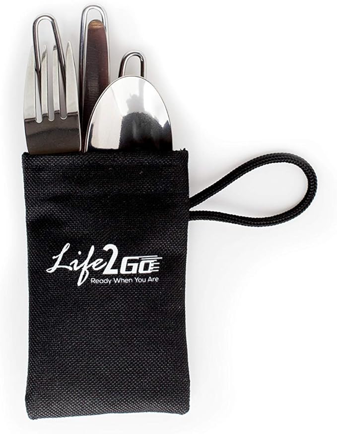 3-Piece Compact Camping Silverware & Utensil Set – Portable Cookware Kit for Hiking, Backpacking, Travel, BBQ & Grilling – Folding Reusable Stainless Steel Knife, Fork & Spoon in Tidy Black Bag