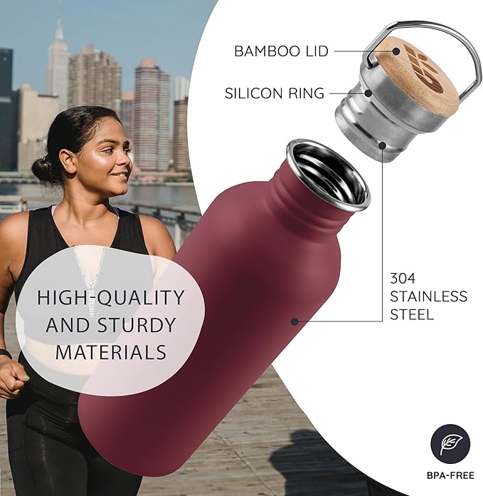 Bambaw 16 oz Water Bottle Non-insulated, Metal Water Bottle Red, Single Walled Stainless Steel Water Bottle, Leak Proof Water Bottle for School, BPA Free Water Bottle no Straw – Red Berry