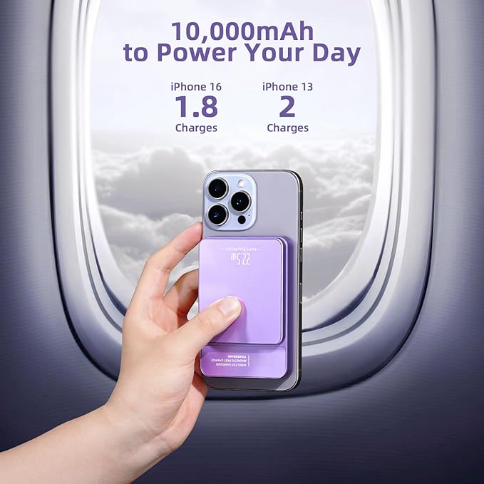 Magnetic Power Bank, 10000mAh Magnetic Portable Charger, 22.5W Wireless Power Bank, USB-C Fast Charging, LED Display Magnetic Battery Pack, Compatible for iPhone17/16/15/14/13 Pro/Pro Max/Plus(Purple)