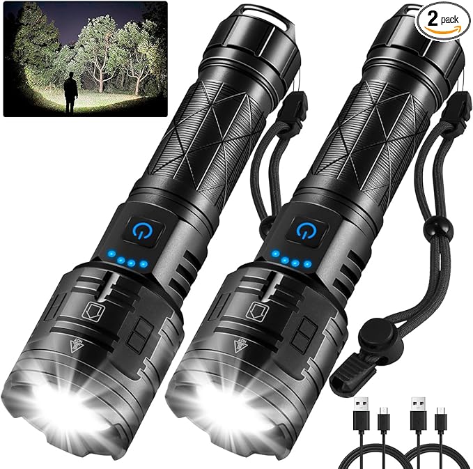 IkeeRuic 2Pack Rechargeable Flashlights High Lumens, Powerful Tactical Flashlights, 5 Modes LED Flashlight Adjustable, Brightest Flashlight Waterproof, Handheld Flash Light for Home, Camping, Hiking