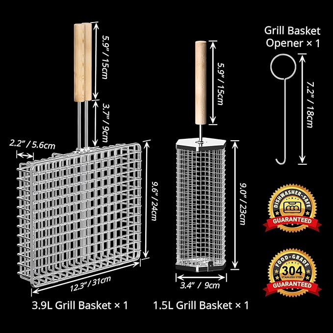 Grill Basket Set, Removable Wooden Handle, 304 Stainless Steel, Rolling BBQ Tools, Smoker Grilling Accessories for Vegetable Fish, Outdoor Cooking Camping, Birthday Gifts for Men Dad Husband