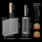 Grill Basket Set, Removable Wooden Handle, 304 Stainless Steel, Rolling BBQ Tools, Smoker Grilling Accessories for Vegetable Fish, Outdoor Cooking Camping, Birthday Gifts for Men Dad Husband