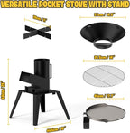 3-in-1 Camp Rocket Stove Kit with BBQ Grate, Griddle, Pot Rack, Portable Wood Burning Stove with Detachable Stand, Camping Gear for Outdoor Cooking Patio Barbecue RV Tailgating, GS345