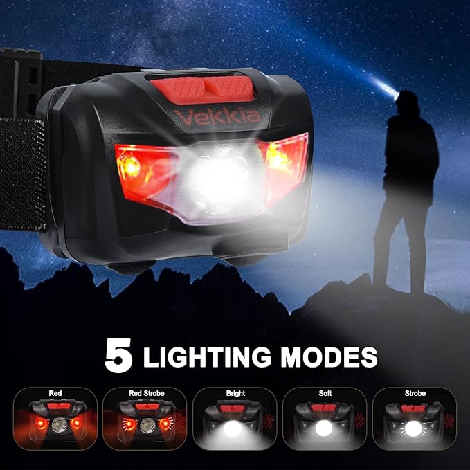 Vekkia LED Headlamp Rechargeable - 5 Lighting Modes,White & Red LEDs Head Lamp, Camping Accessories Gear. IPX4 Waterproof Headlight for Running,Cycling,Fishing,Hiking,Repairing. Type-C Included