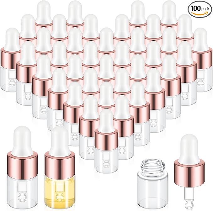 100 Pcs Mini Glass Oil Dropper Bottle Bulk, Clear Essential Small Empty Bottles Sample Containers Perfume Liquid Vials with Cap for Traveling (2 ml,Rose Gold)