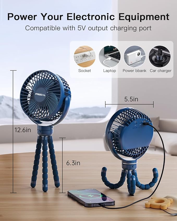 FRIZCOL 12000mAh Portable Stroller Fan, Use As Power Bank, 65H Battery Operated Fan Flexible Tripod Clip On Fans, Detachable Personal Handheld Baby Fans for Stroller, Car seat, Desk, Treadmill (Blue)