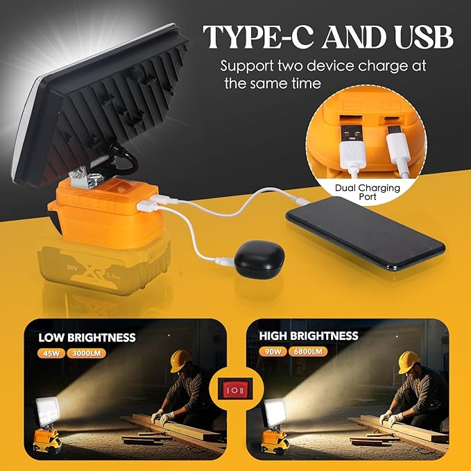 Cordless LED Work Light for Dewalt 20V Battery, 8" Portable LED Flood Light Flashlight, 2 Modes Brightness, 90W 9000LM, Low Voltage Protection, USB & Type-C Ports, for Work Camping Outdoor(No Battery)