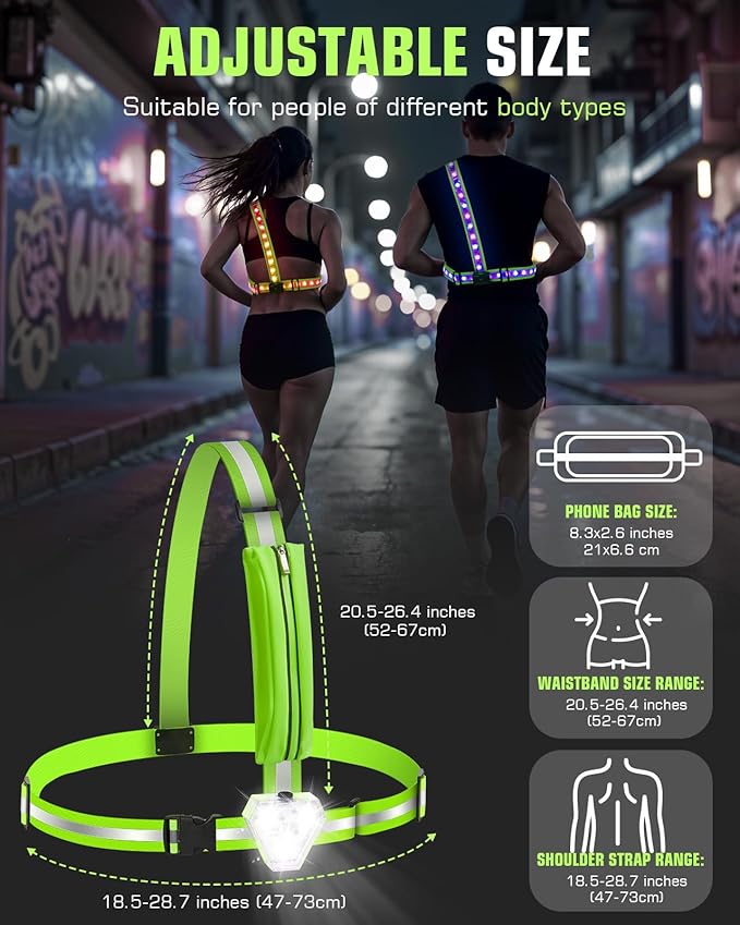 Zacro Reflective Running Vest with 9 RGB Modes, 500LM High Visibility Chest Light for Runners, Rechargeable Light Up Running Gear for Night Safety Cycling Hiking Dog Walking Adjustable for Men Women