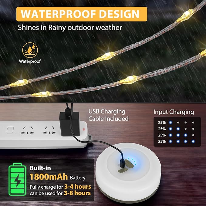 2Pack Camping String Lights, 4 in 1 Quick Storage 32.8FT Rechargeable Tent Lights with 6 Modes Hanging Waterproof Camp Lamp Camping Essentials for AwnTent Hiking Garden Bedroom Festival (Warm White)