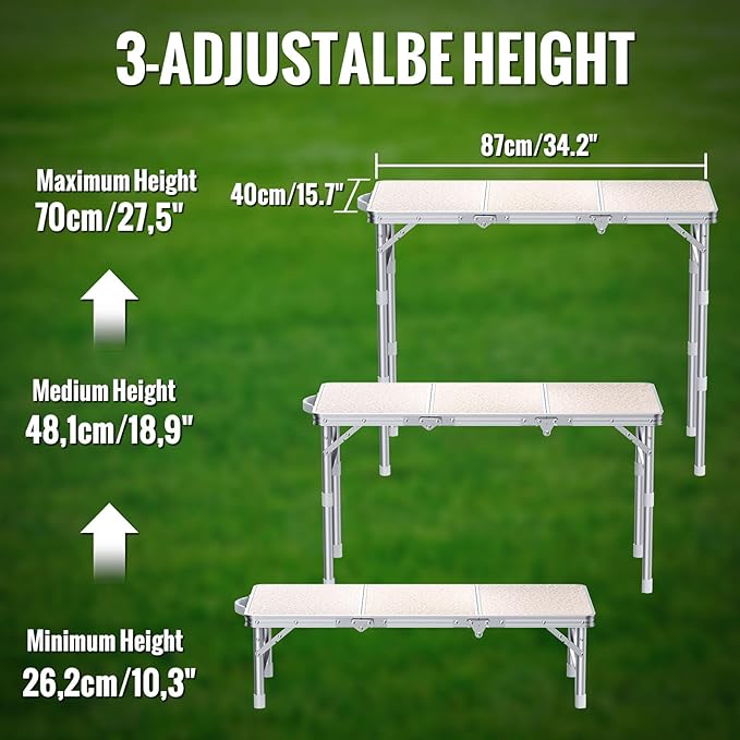 GARLLEN Folding Camping Table, 3 Adjustable Height Portable Folding Picnic Table with Storage Bag, Lightweight Aluminum Outdoor Table for Picnic, Camping, BBQ, 34.2" L x 15.7" W, Silver