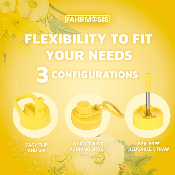 32 Oz Water Bottle with Straw Stainless Steel Sports Water Bottle with 3 Lids (Straw, Chug & Flip Lid) 1 Liter Leak Proof Insulated Metal Jug for Men & Women - Yellow