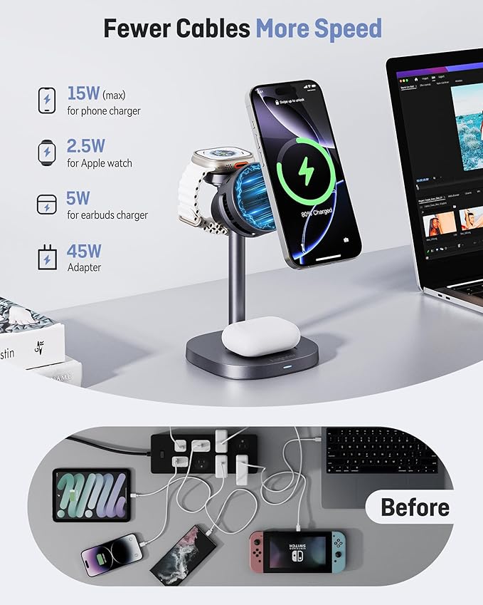 2026 New Magnetic Wireless Charger Stand with TEC Active Cooling, 15W Qi2-Certified 3 in 1 Charging Station for Apple Charger Stand, Wireless Charger for iPhone17/16/15/14/13/12, Apple Watch, AirPods