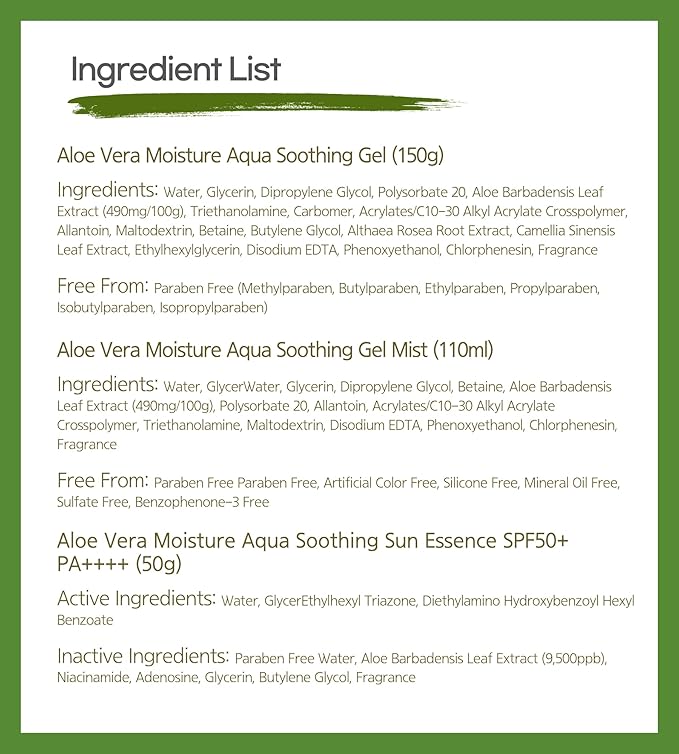 Aloe Vera Skincare Set, Korean Skin Care Kit with Soothing Gel 150g, Facial Mist 110ml & SPF50+ Sunscreen 50g, Hydrating Travel Size Skincare for Face & Body Daily Care