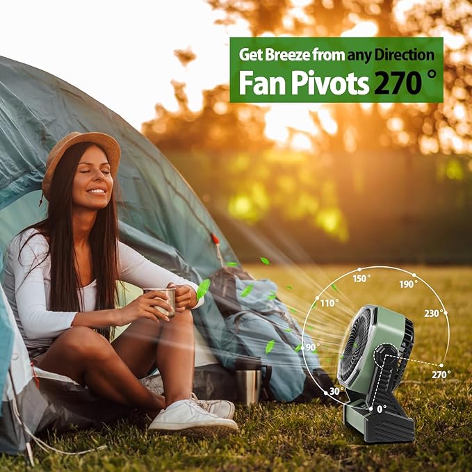 20000mAh Camping Fan, Rechargeable Battery Operated with 360° Rotatable Hook, 400 Lumes Light, 270° Pivot, 4 Speeds, 58Hrs Battery Powered Fan for Outdoor Tent Car Trip BBQ Hurricane Power Outages