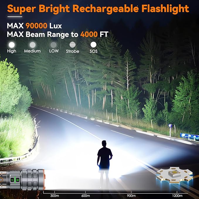 Camping Flashlights,90000 Lumens 5000mAh Super Bright High Lumens Rechargeable Flashlight with 11 Modes,Waterproof,Adjustable LED Multi-Flashlight for Car,Outdoor,Camping,Walking,Tactical