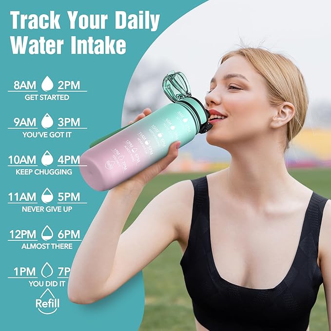 OLDLEY Water Bottle, 32oz Motivational Sports Water Bottle with Time Marker - Times to Drink - Tritan, BPA Free, Wide Mouth Leakproof, Bubble Gum (1 Bottle)