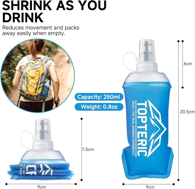 Collapsible Soft Flask Water Bottle, TPU Soft Folding Flexible Water Bottles for Hydration Pack/Running Vest, BPA/PVC Free, Ideal for Running Hiking Cycling Climbing (250ml-2 Pack)