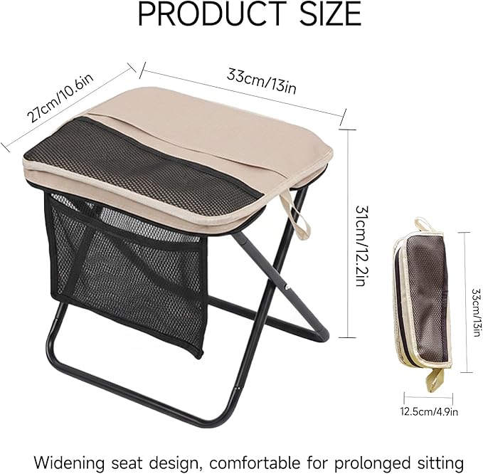 13 x 10.6 Inch Portable Folding Camping Stool, Metal Frame with Storage Mesh, Small Folding Stool for Adults Lightweight Outdoor Seating for Camping Fishing Hiking BBQ Hold Up to 265 LBS (Khaki)