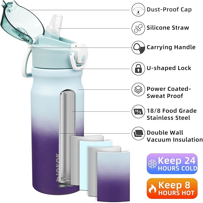 BJPKPK 18oz Insulated Water Bottle With Straw Stainless Steel Double Wall Water Bottles BPA Free Leak Proof Thermo With Lockable Flip Lid And Soft Silicone Spout,Ocean Dream