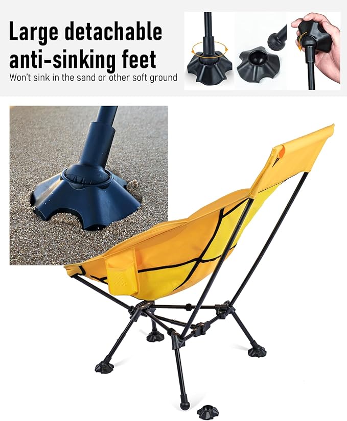 iClimb Ultralight Compact Camping Folding Beach Chair with Anti-Sinking Large Feet (Yellow - Triangular Frame High Back - 2PC)