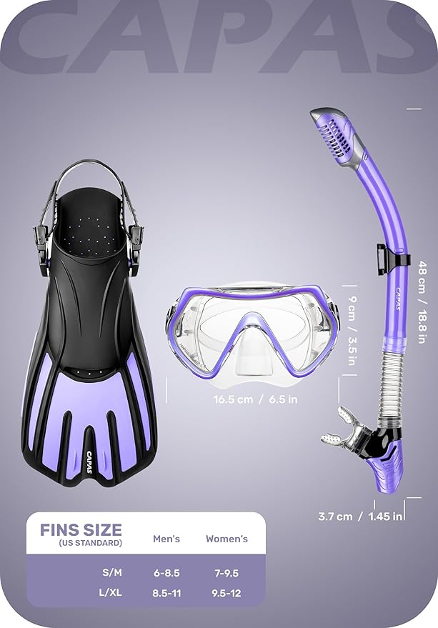 CAPAS Snorkel Mask Fins Set, Travel Size Snorkeling Gear for Adults with Adjustable Fins, Diving Mask and Dry Top Snorkel, Come with a Carrying Bag