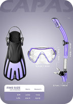 CAPAS Snorkel Mask Fins Set, Travel Size Snorkeling Gear for Adults with Adjustable Fins, Diving Mask and Dry Top Snorkel, Come with a Carrying Bag