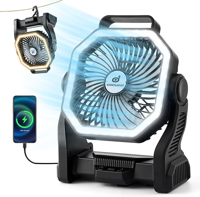 Odoland Rechargeable Camping Fan, 20000mAh Battery Fans with LED Lantern for Tent Car Beach Storm, Portable Ventilador Recargable Light Desk Fan for Picnic Power Outage Hurricane, Black