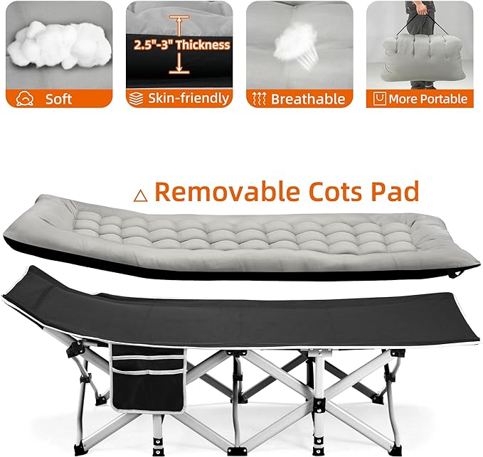 Fragess Portable Camping Cot, Sleeping Cots for Adults, 28" Extra Wide Folding Cot Max Load 600LBS with Thick Mattress, Portable Camping Bed for Outdoor Camp/Office, Home Nap (Black+Grey)