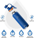 IDEUS Insulated Stainless Steel Water Bottle with 2 Leak-Proof Lids, Thermal Water Flask for Hiking Biking, 40oz, Bright Blue