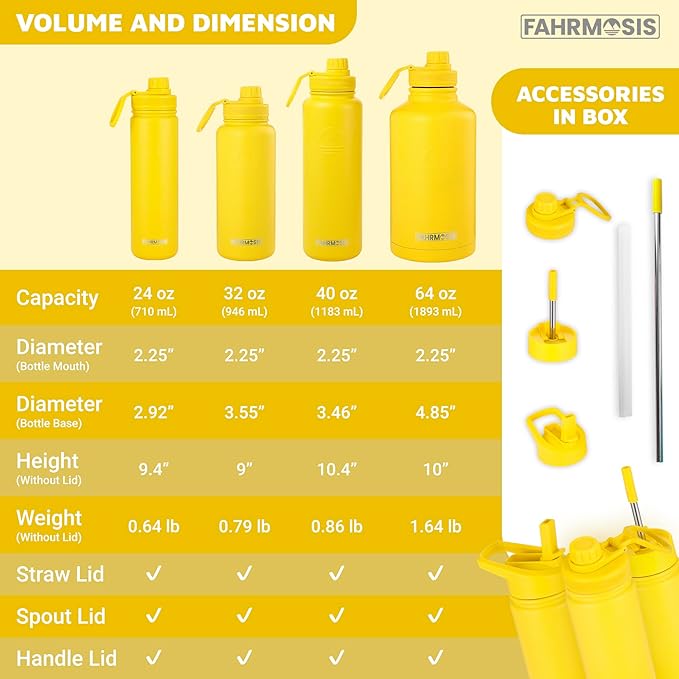 32 Oz Insulated Water Bottle with Strap Stainless Steel Sports Water Bottle with 3 Lids (Straw, Chug & Flip Lid) 1 Liter Leak Proof Insulated Metal Jug for Men & Women - Yellow