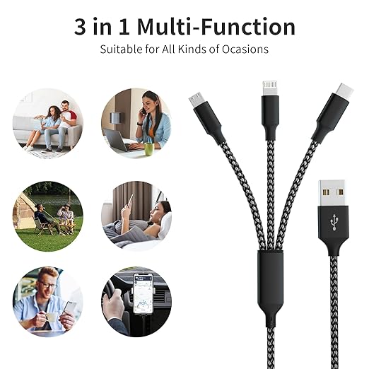 Multi Charging Cable(2pack 4ft), 3 in 1 Charger Cable Nylon Braided Phone Charger Cord, Universal Charging Cable with Type-C/Micro USB and IP Port, Compatible with Most Cell Phones and More