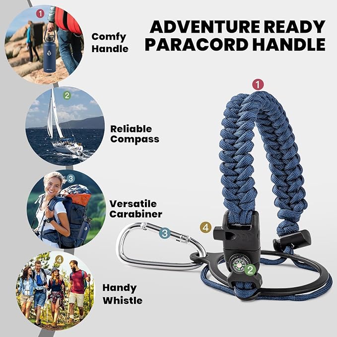 Insulated Water Bottle 87 oz, Triple Wall Vacuum Stainless Steel (Cold for 48 Hrs), Leak Proof & Non-BPA, Modern Water Flask Jug with Paracord Handle & Straw Spout Lids, Navy Blue