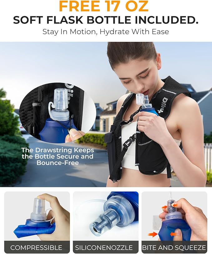 Running Vest for Women Men, Lightweight Hydration Runner Vest with Transparent Waterproof Phone Pocket, 17oz Soft Flask, Adjustable Chest Straps Reflective Backpack for Hiking Cycling Jogging