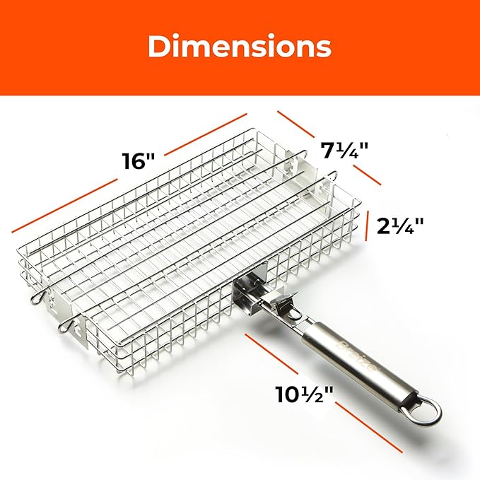 Adjustable Grill Basket with Removable Handle – 4 Height Levels for Vegetables, Meat, Fish & More – BBQ Grilling Basket with Locking Lid, Basting Brush, Scrub Sponge & Storage Bag for Outdoor Cooking