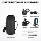 Insulated Water Bottle 32 oz, Triple Wall Vacuum Stainless Steel (Cold for 48 Hrs, Hot for 24Hrs), Leak Proof & Non-BPA, 32oz Hydro Water Flask with Paracord Handle & Straw Spout Lids