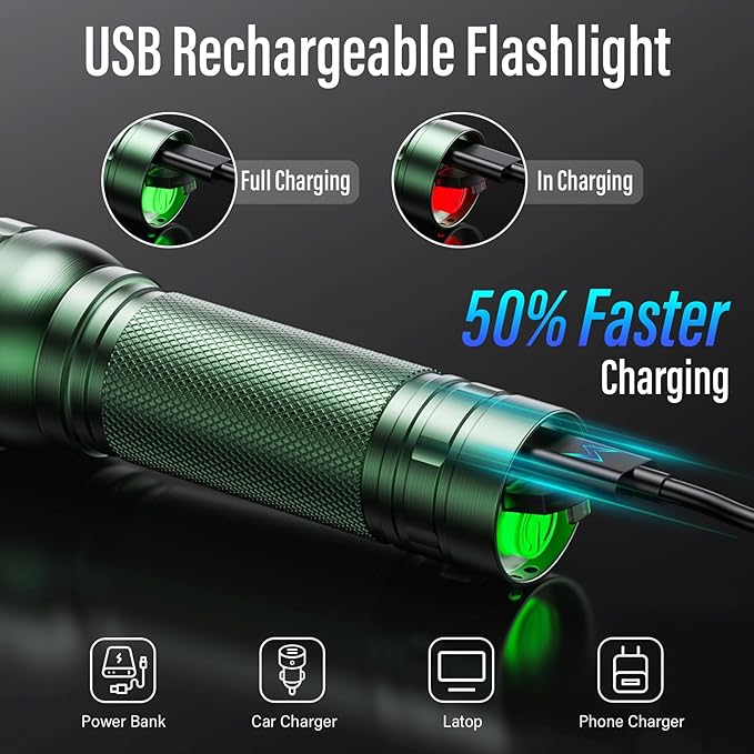 Rechargeable Flashlights High Lumens, G1000 Super Bright Flash Light 2 Pack, Small Zoomable LED Flashlight with 3 Lighting Modes, Portable Flashlight for Camping Essentials (Battery Included)-Green