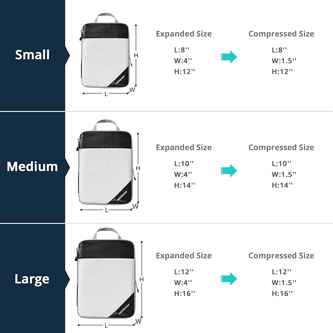 3 Set Compression Packing Cubes for Travel - Compressible, Lightweight, and Space-Saving Packing Cubes, Travel Essentials for Women, Black