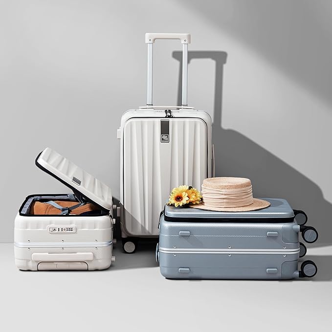 Hanke 20 Inch Carry On Luggage with Wheels PC Hard Shell Suitcase Top Opening Aluminum Frame Travel Luggage Suitcases for Woman Men Gifts.(Ivory White)